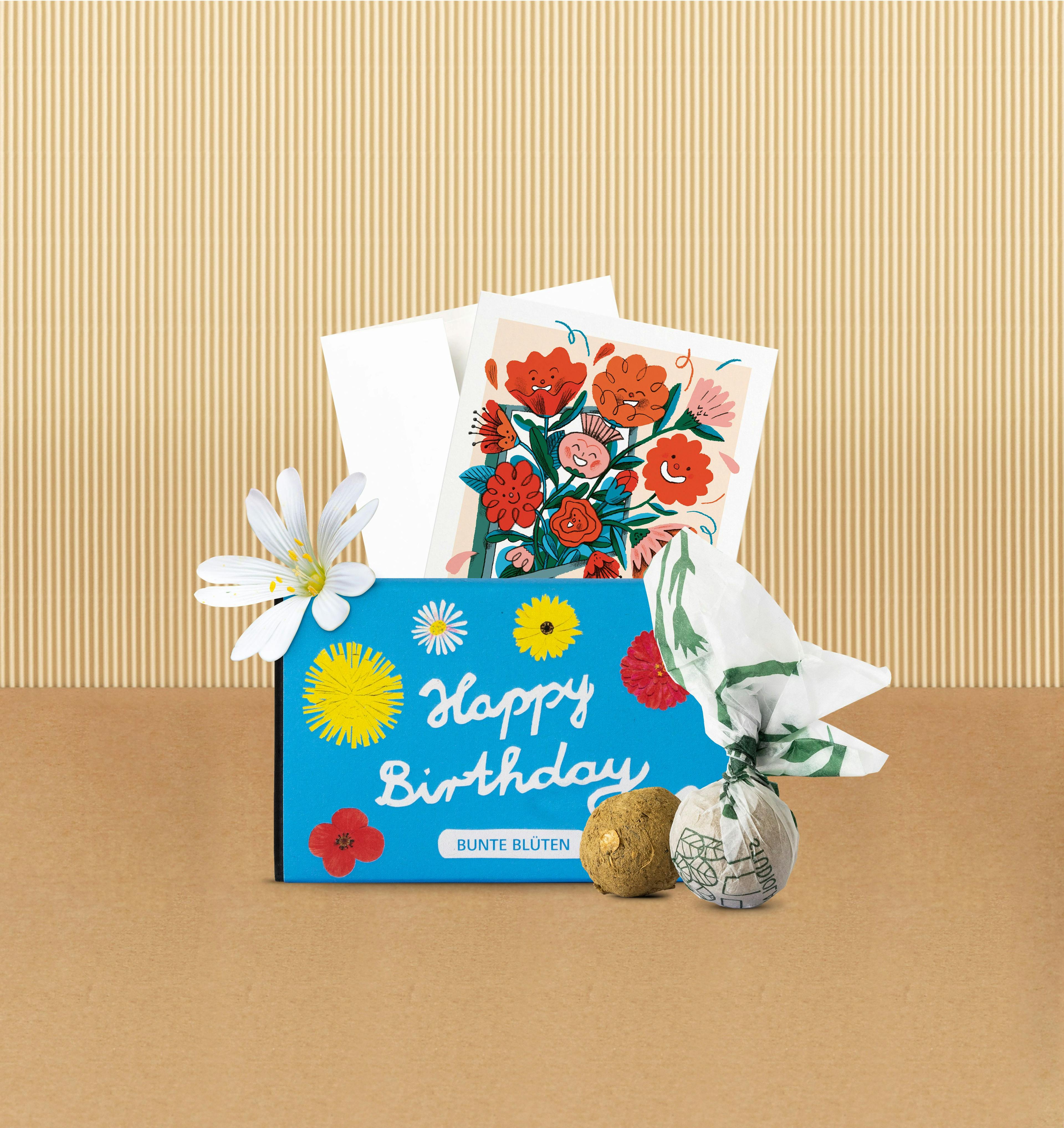 Nachhaltige Geburtstagsgeschenke - Blumensamen und Grußkarte