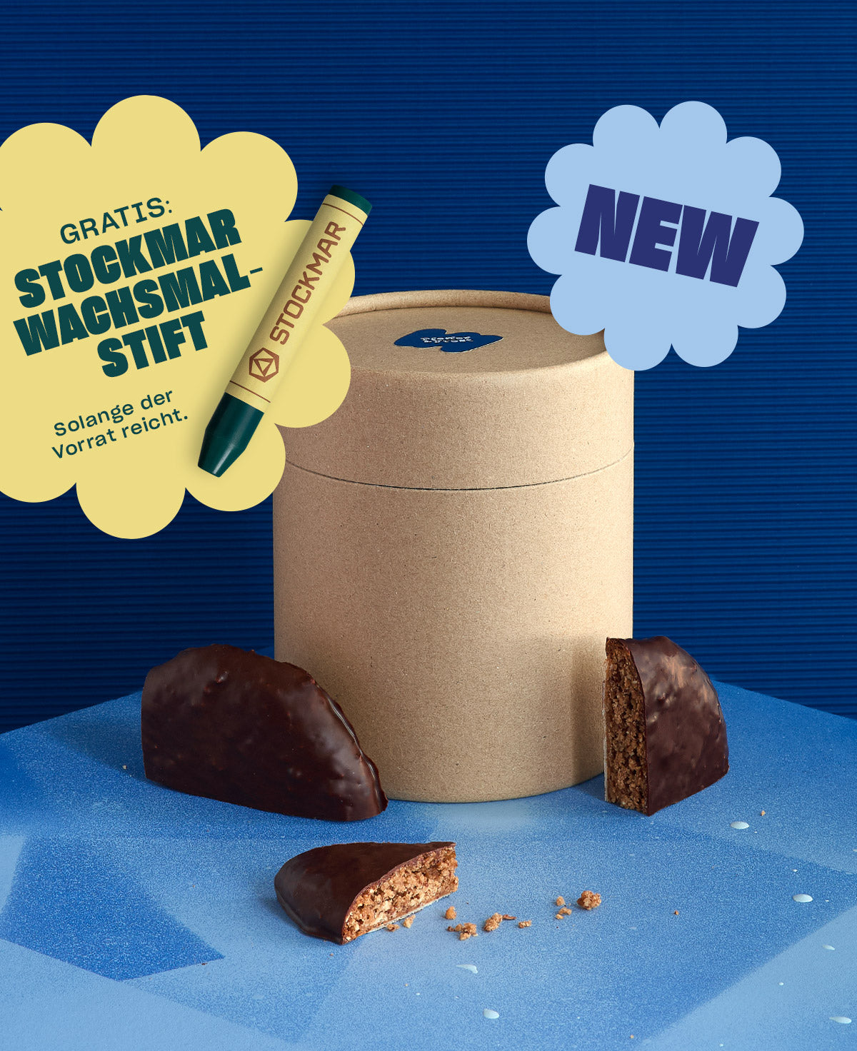 Pfeffer & Frost Basteldose mit BIO-Elisenlebkuchen, überzogen mit dunkler Schokolade und gratis dazu: STOCKMAR Wachsmalstift zu den ersten 1.000 Bestellungen.