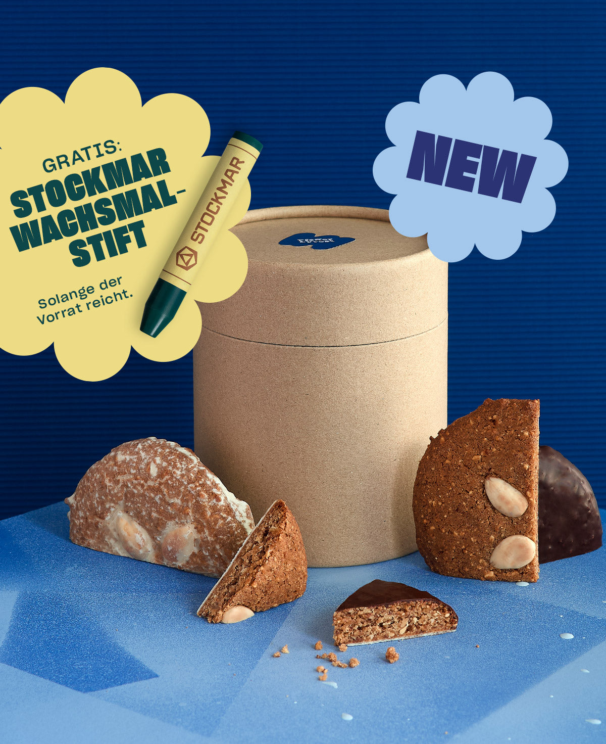 Pfeffer & Frost Basteldose mit BIO-Elisenlebkuchen, überzogen mit dunkler Schokolade, Zuckerguss und ganz Natur. Und gratis dazu: STOCKMAR Wachsmalstift zu den ersten 1.000 Bestellungen.