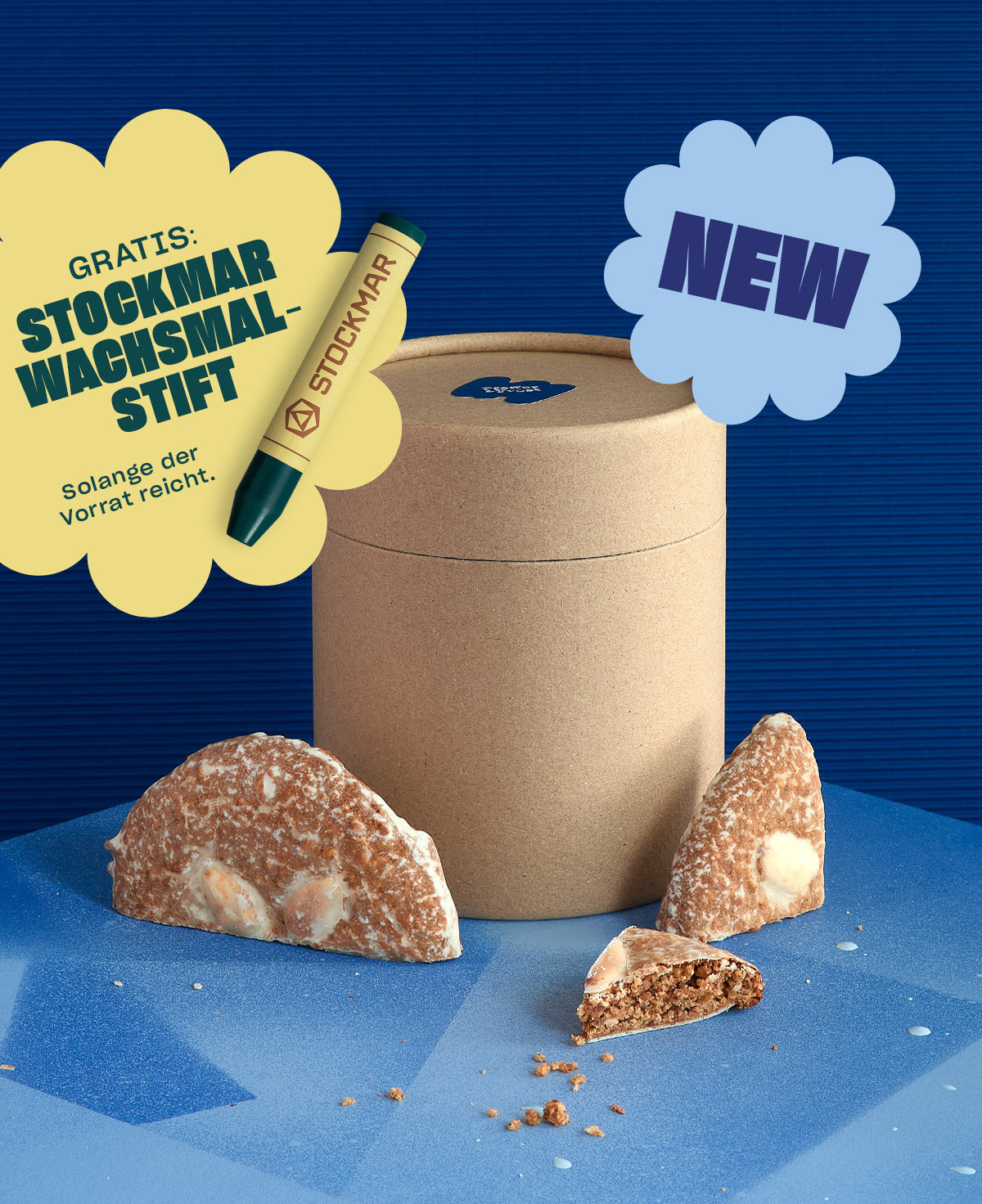 Pfeffer & Frost Basteldose mit BIO-Elisenlebkuchen, überzogen mit Zuckerguss und gratis dazu: STOCKMAR Wachsmalstift zu den ersten 1.000 Bestellungen.
